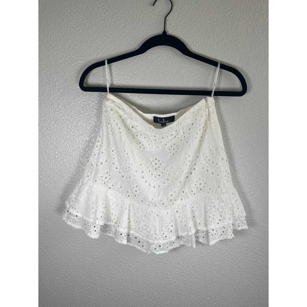 Lulus Playa de Isla White Eyelet Lace Ruffled Mini Skirt White Small - Picture 5 of 11
